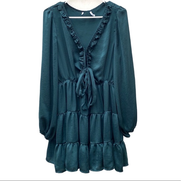 Princess Polly Teal size 10 Randi Satin Tie Front Tiered Fit & Flare Mini Dress - Picture 3 of 9